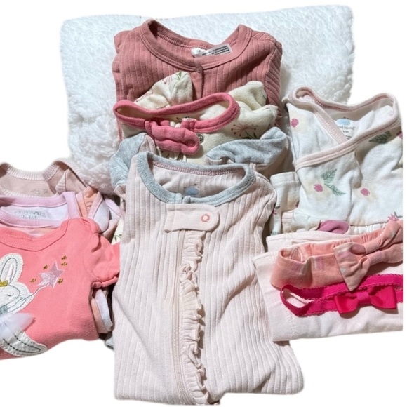 Baby Girl Bundle 0-3 months Jumpsuits Onesies baby sack sleeper and bows pink - Picture 9 of 9